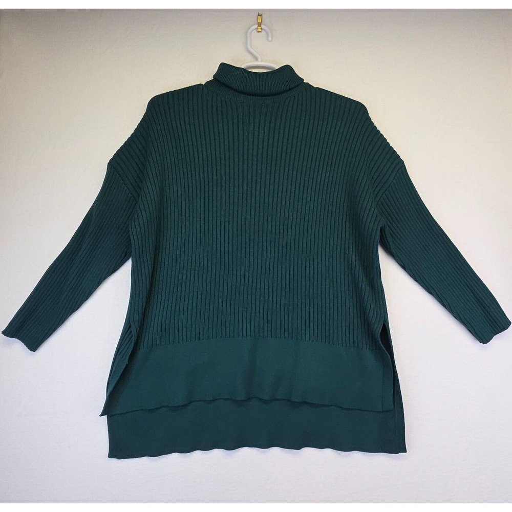 Anrabess Sweater Womens XL Green Turtleneck Ribbed Knit Hi Low‎ Side Slit Preppy
